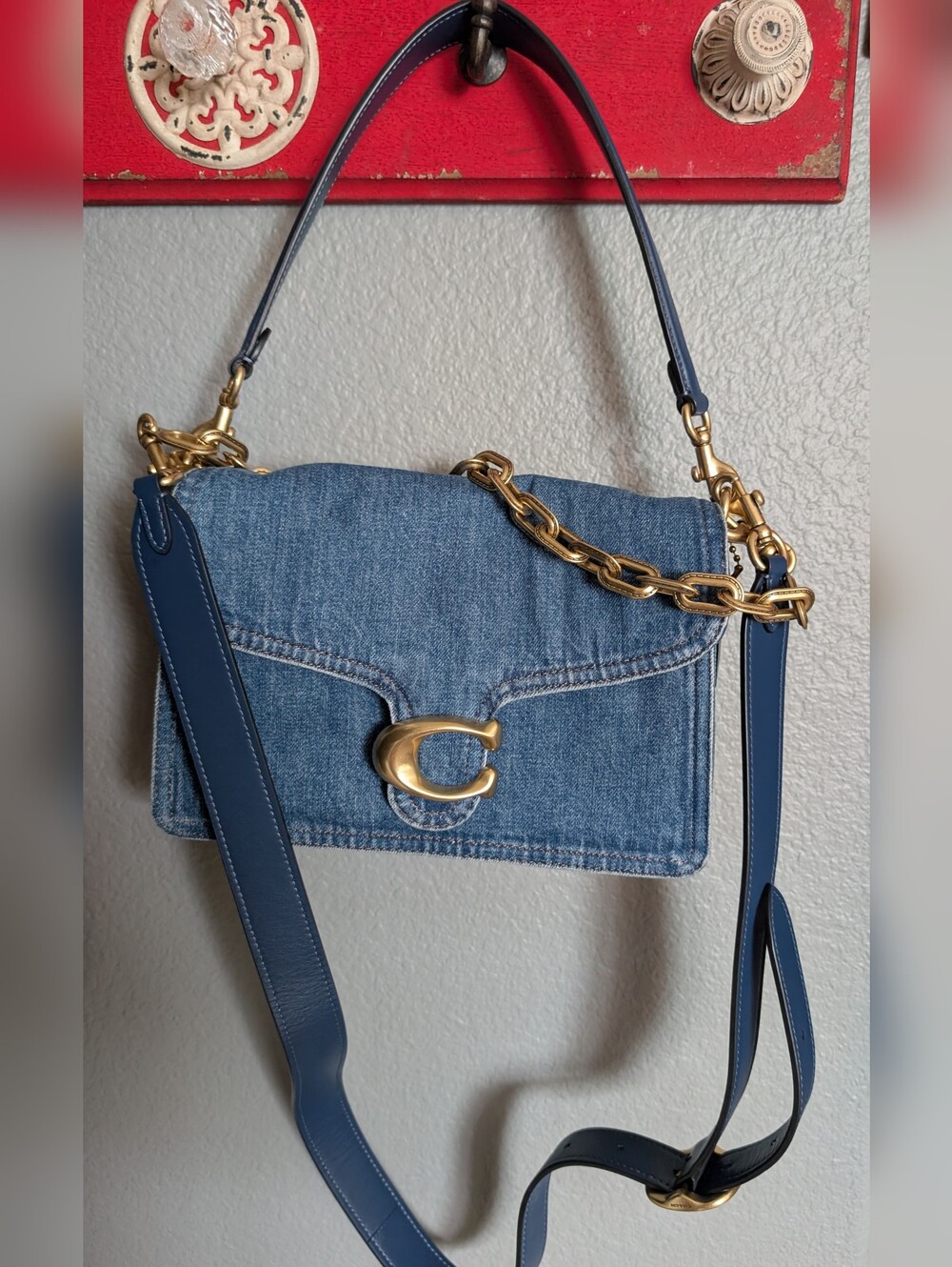 Coach Chain Tabby Blue Denim Shoulder Bag with Gold Hardware